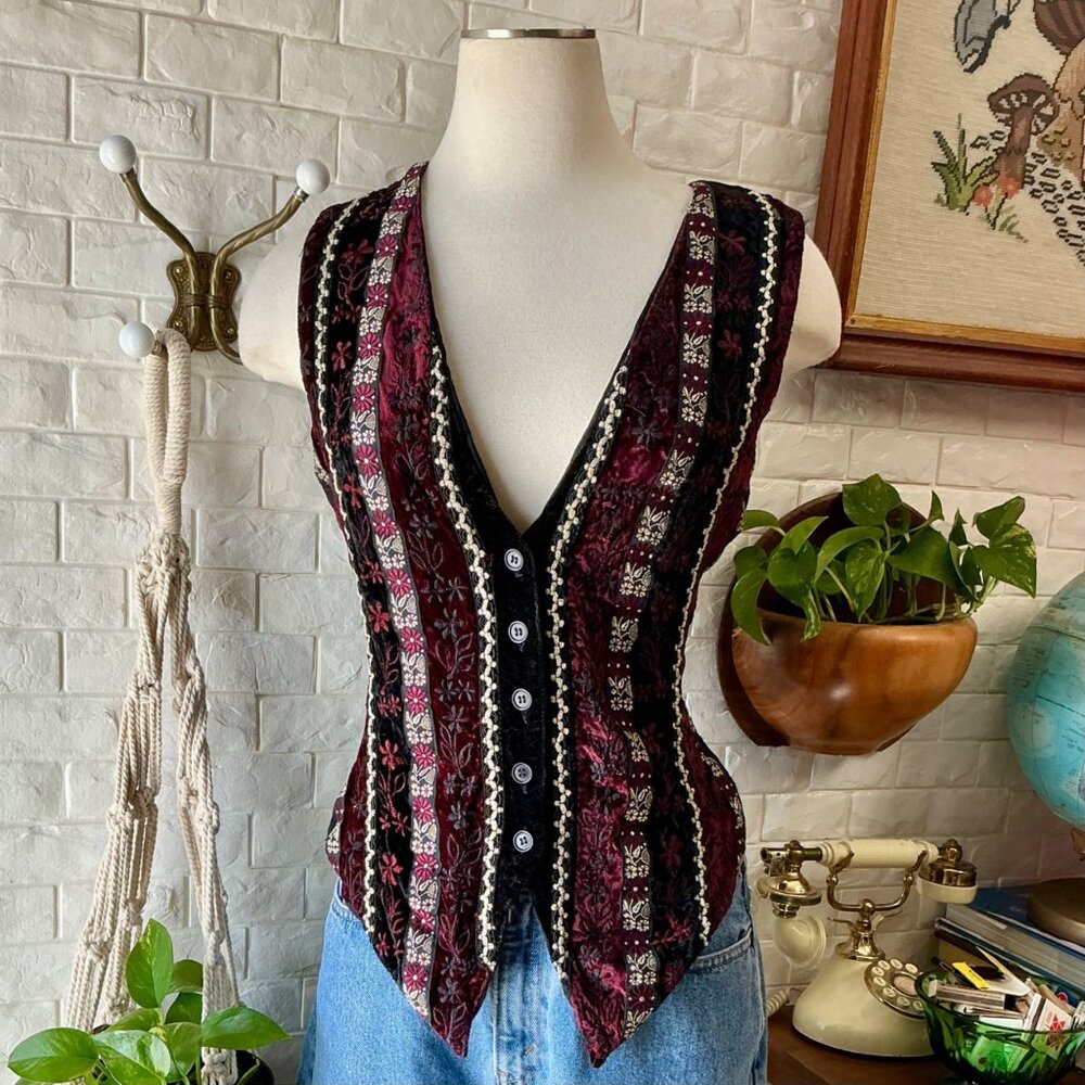 SOLD Vintage 1990s Velvet + Metallic Patterned Whimsigoth Tie Back Vest